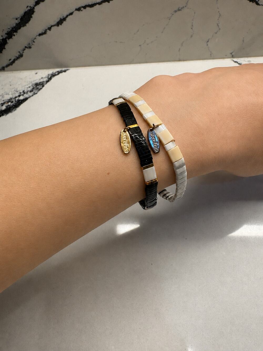 Serefina Shell Tile Stretch Bracelet Set | Black White Gold Boho